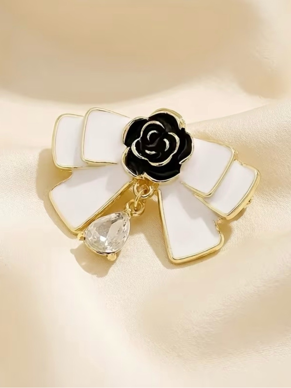 Camellia White Enamel Bow Brooch with Black Rose and Crystal Drop